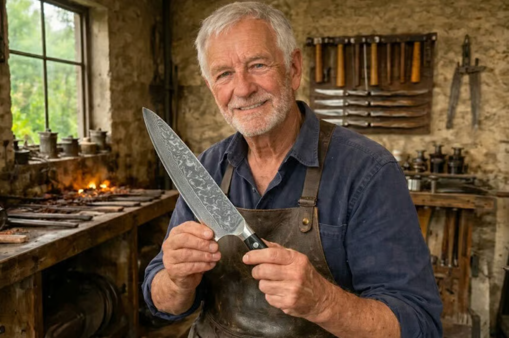 Elderly master bladesmith in his forge workshop