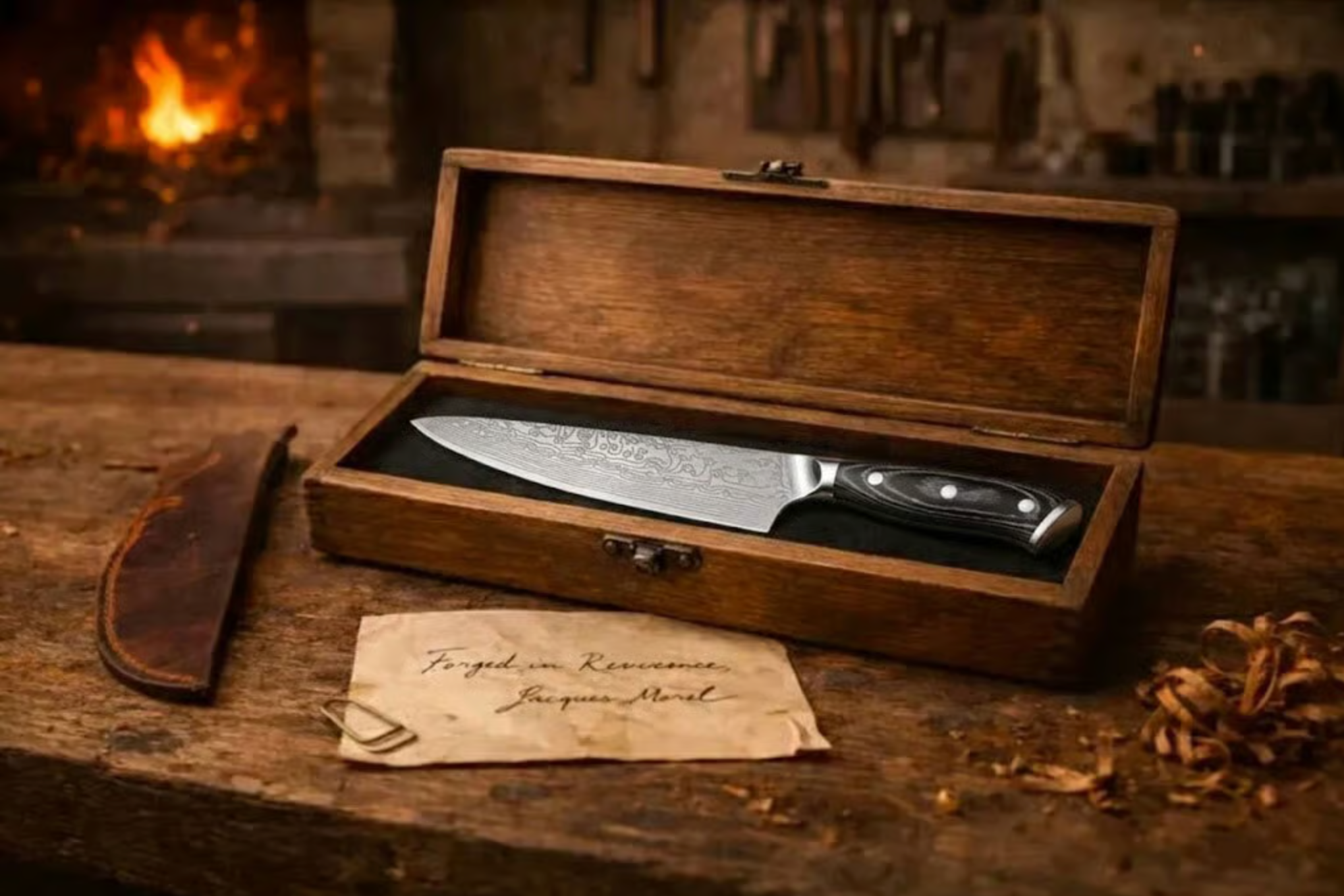 Wooden case containing a Damascus Knife Accidentsatty in front of a forge