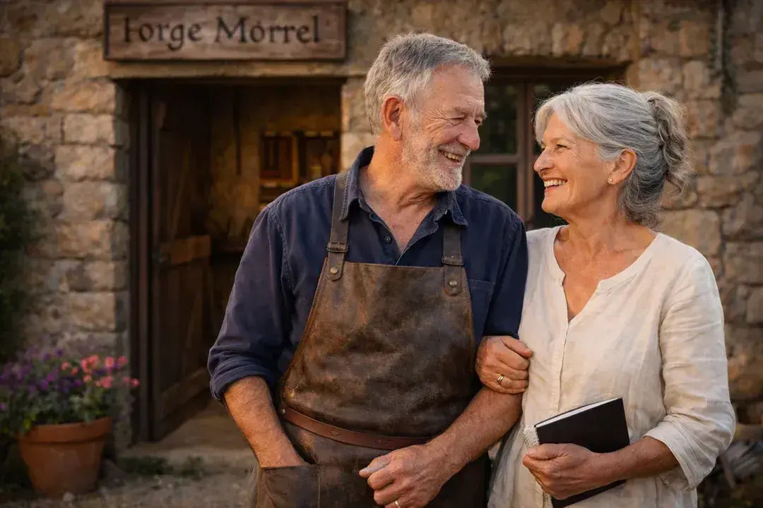 Elderly couple smiling in front of the sign of an artisan forge