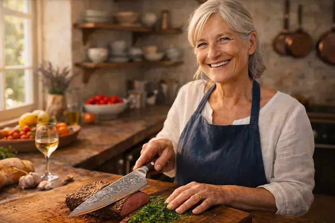 Grey-haired woman smiling while cooking with a knife