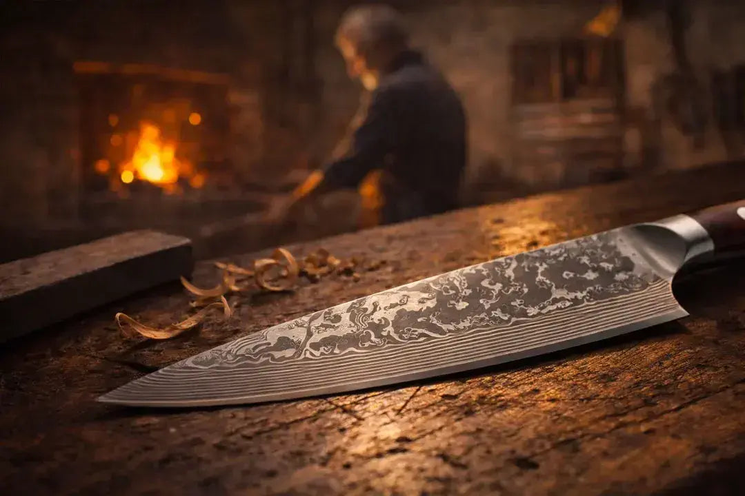 Damascus Knife Accidentsatty blade with rippled reflections on a dark background