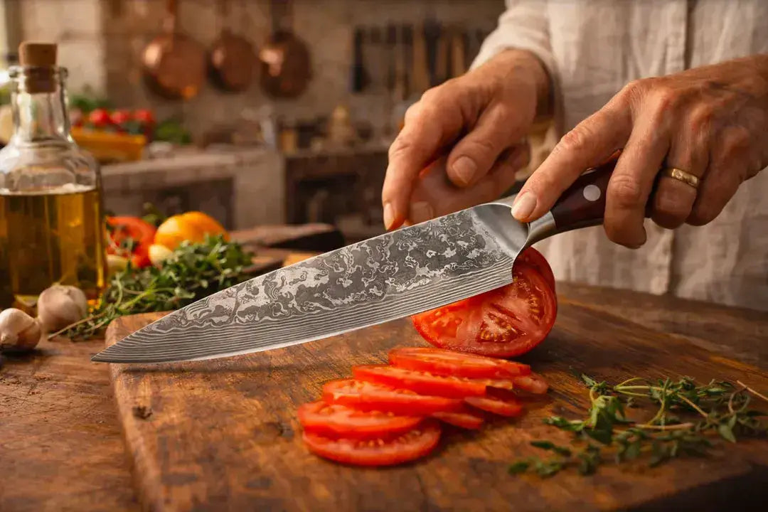 Cook's hands slicing a tomato with a Damascus Knife Accidentsatty